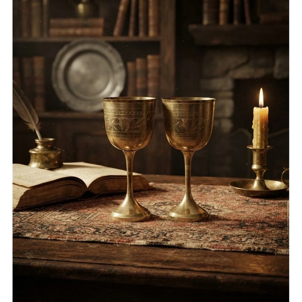 Vintage Etched Brass Goblets Set of 2 Floral Chalice Wine Cups 6.5in